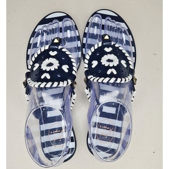 JACK ROGERS navy Blue Striped Rubber Medallion Whipstitch Jelly Thong Sandals 6 - Picture 5 of 10
